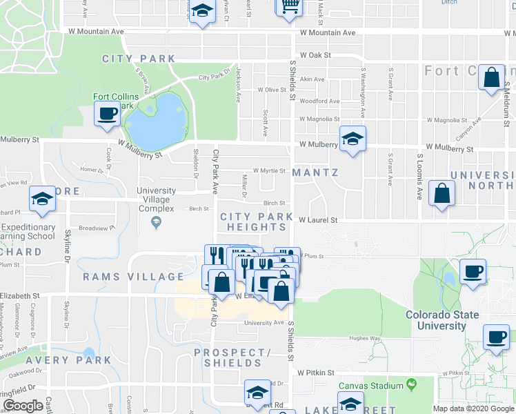 map of restaurants, bars, coffee shops, grocery stores, and more near 636 West Coy Drive in Fort Collins