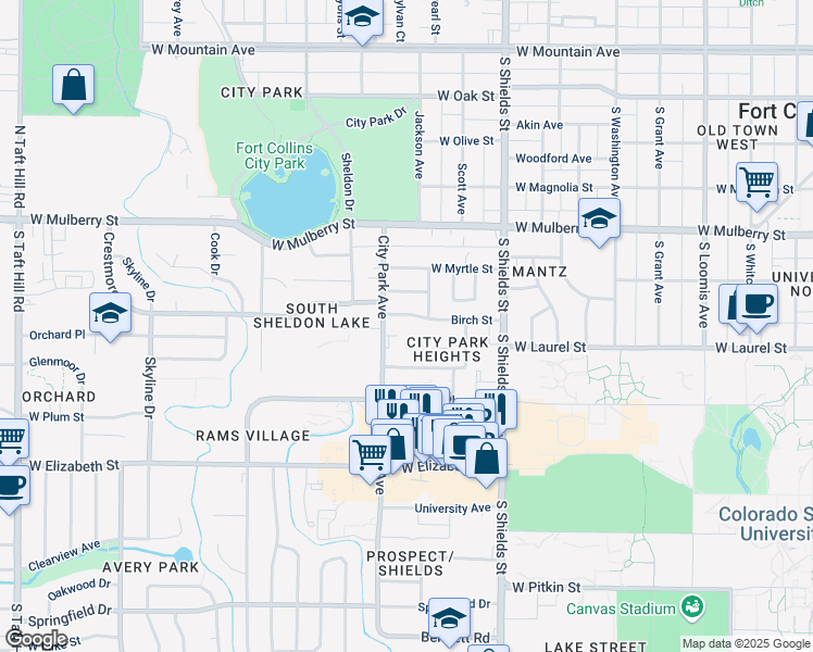 map of restaurants, bars, coffee shops, grocery stores, and more near 1301 Crestmore Place in Fort Collins