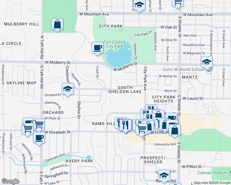 map of restaurants, bars, coffee shops, grocery stores, and more near 540 South Bryan Avenue in Fort Collins