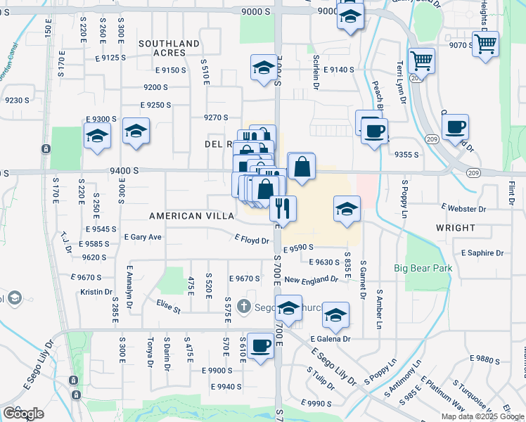 map of restaurants, bars, coffee shops, grocery stores, and more near 675 East Union Square in Sandy