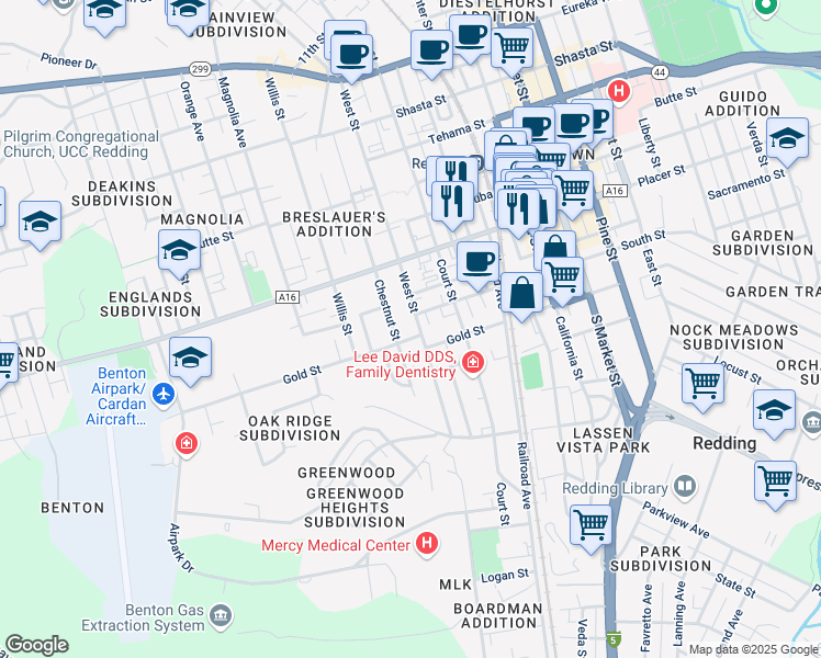 map of restaurants, bars, coffee shops, grocery stores, and more near 1864 South Street in Redding