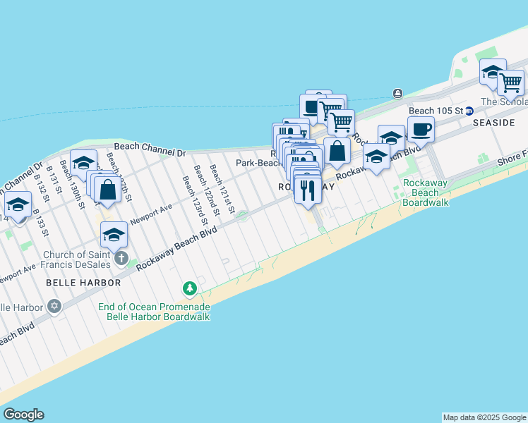 map of restaurants, bars, coffee shops, grocery stores, and more near 117-18 Rockaway Beach Boulevard in Queens