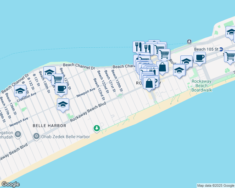 map of restaurants, bars, coffee shops, grocery stores, and more near 242 Beach 121st Street in Queens