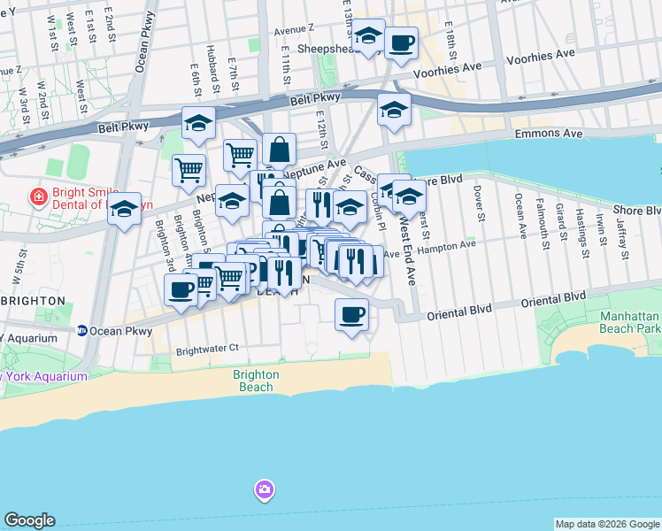 map of restaurants, bars, coffee shops, grocery stores, and more near 3010 Brighton 12th Street in Brooklyn
