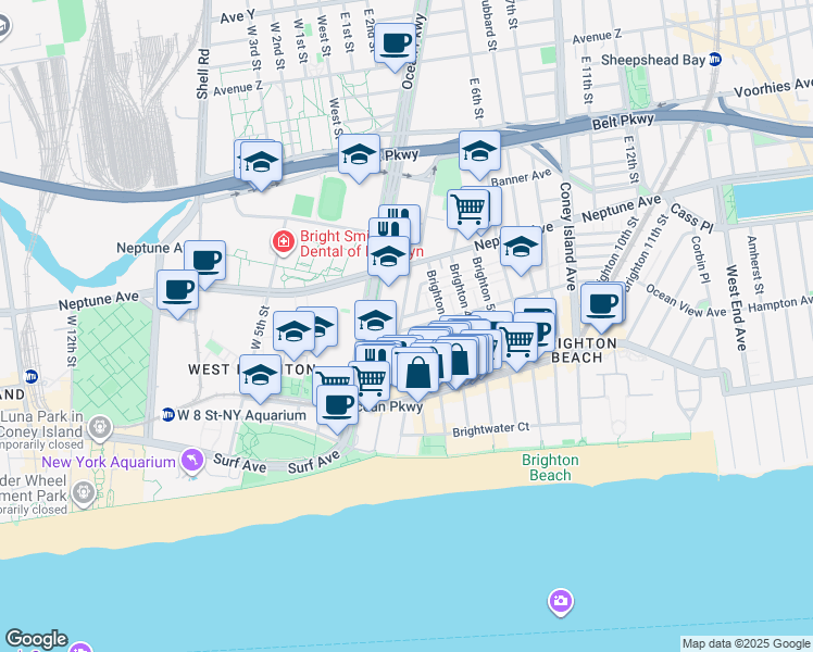 map of restaurants, bars, coffee shops, grocery stores, and more near 2942 Brighton 1st Street in Brooklyn