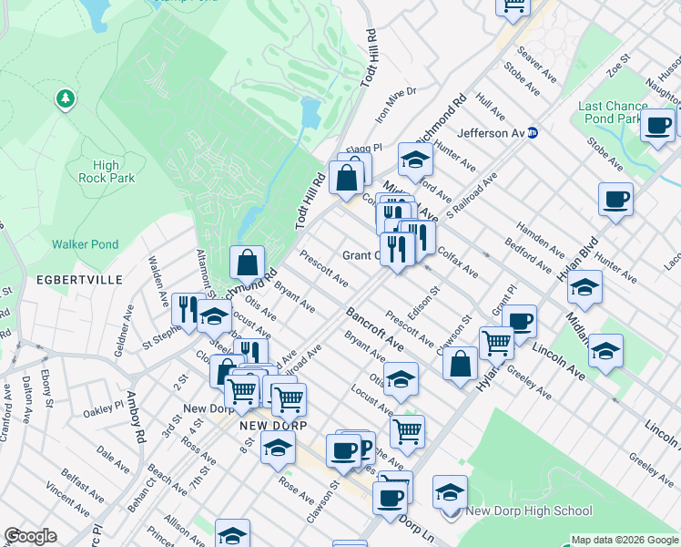 map of restaurants, bars, coffee shops, grocery stores, and more near 51 Greeley Avenue in Staten Island