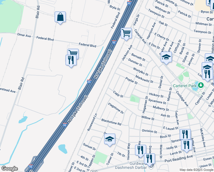 map of restaurants, bars, coffee shops, grocery stores, and more near 77 Jackson Avenue in Carteret