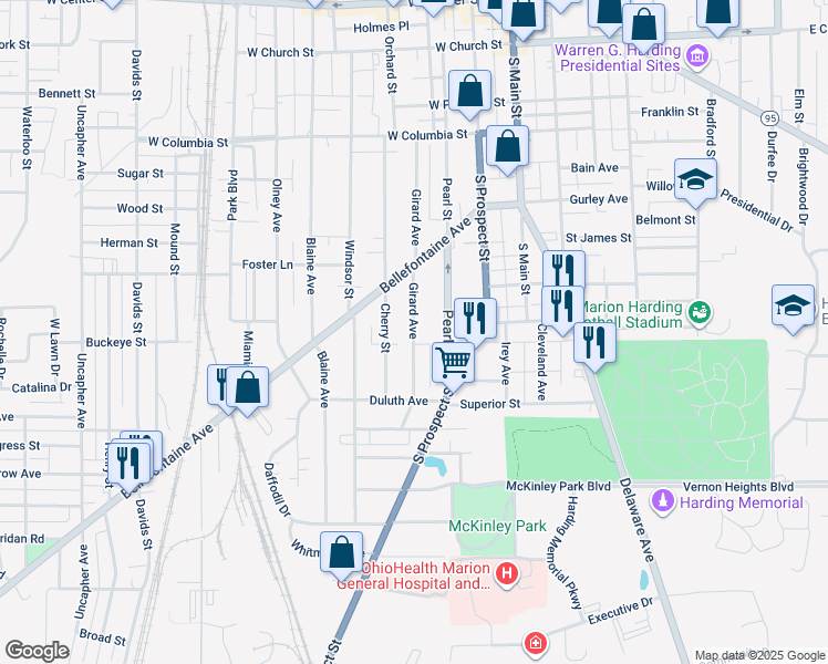map of restaurants, bars, coffee shops, grocery stores, and more near 541 Girard Avenue in Marion