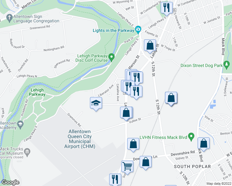 map of restaurants, bars, coffee shops, grocery stores, and more near 1523 Catalina Avenue in Allentown