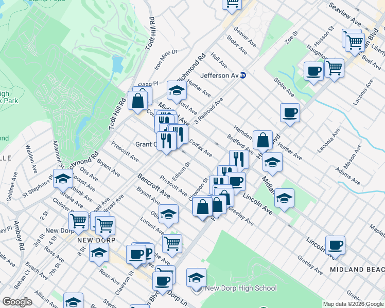 map of restaurants, bars, coffee shops, grocery stores, and more near 100 Colfax Avenue in Staten Island