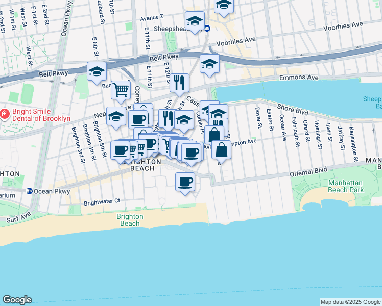 map of restaurants, bars, coffee shops, grocery stores, and more near 1080 Ocean View Avenue in Brooklyn