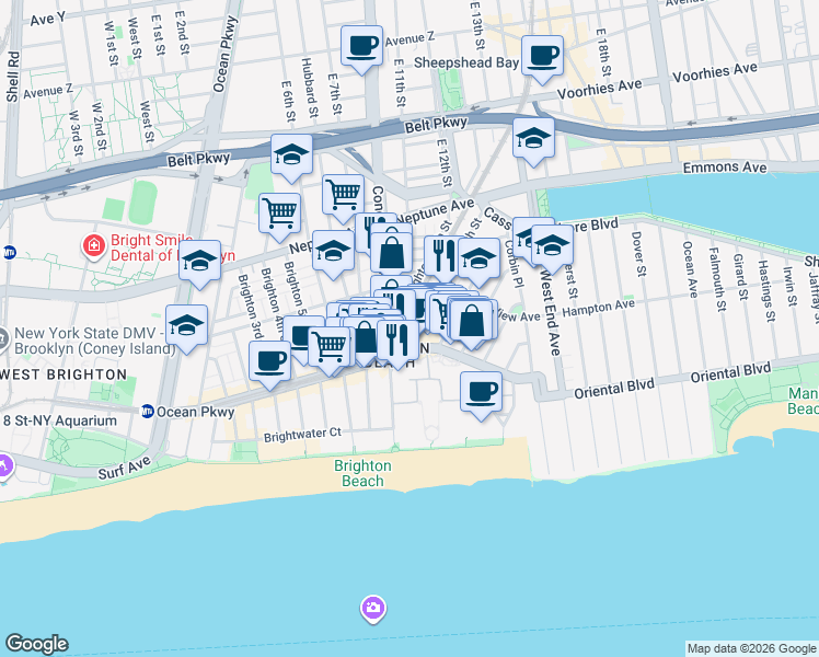 map of restaurants, bars, coffee shops, grocery stores, and more near 141 Brighton 10th Street in Brooklyn