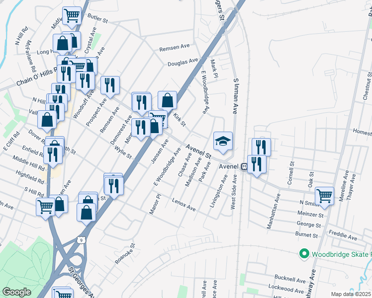 map of restaurants, bars, coffee shops, grocery stores, and more near 299 Avenel Street in Woodbridge Township