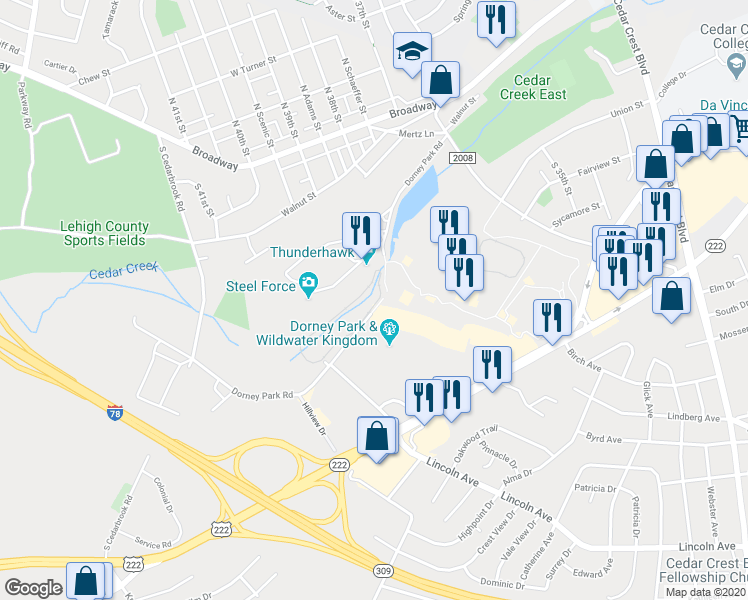 map of restaurants, bars, coffee shops, grocery stores, and more near 3919 Dorney Park Road in Allentown