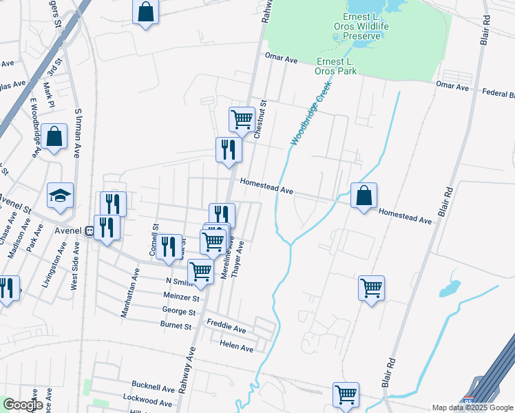 map of restaurants, bars, coffee shops, grocery stores, and more near 1095 Blandford Avenue in Woodbridge Township