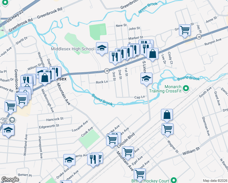 map of restaurants, bars, coffee shops, grocery stores, and more near 131 3rd Street in Middlesex