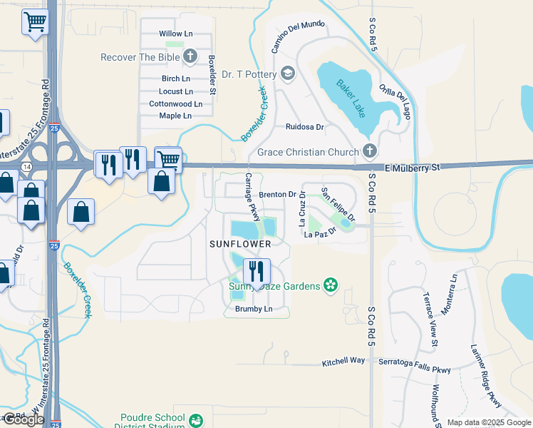 map of restaurants, bars, coffee shops, grocery stores, and more near 4759 Brenton Drive in Fort Collins