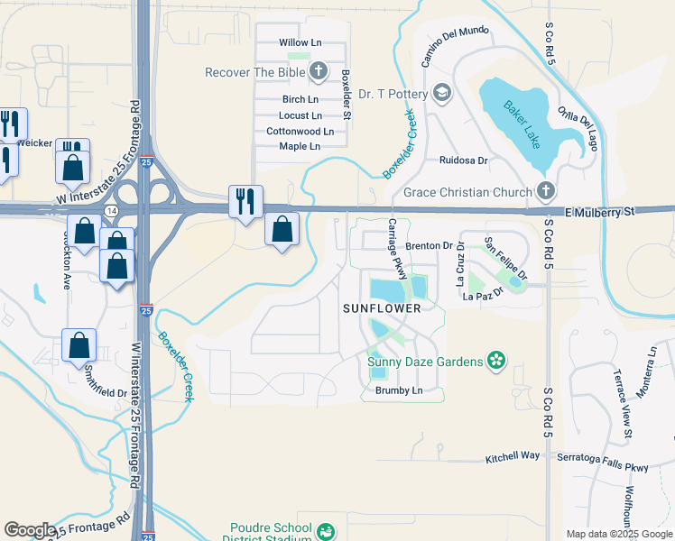 map of restaurants, bars, coffee shops, grocery stores, and more near 4550 Joydance Court in Fort Collins
