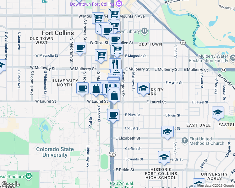 map of restaurants, bars, coffee shops, grocery stores, and more near 612 South College Avenue in Fort Collins