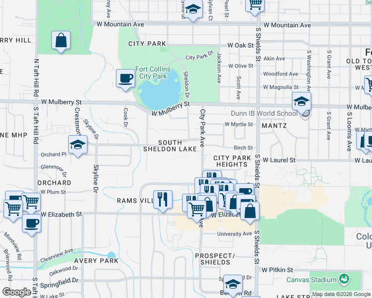 map of restaurants, bars, coffee shops, grocery stores, and more near 611 Sheldon Drive in Fort Collins