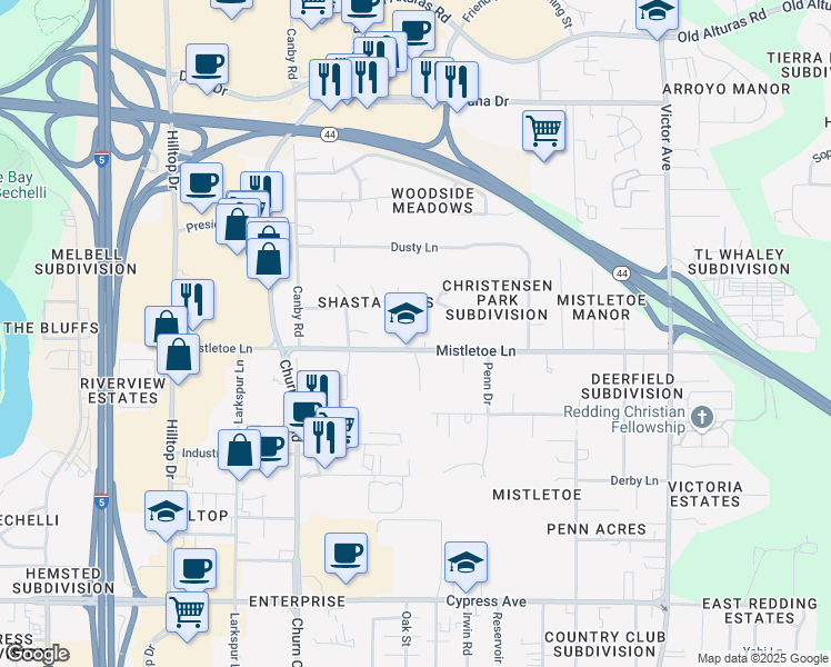 map of restaurants, bars, coffee shops, grocery stores, and more near 1877 Forest Glen Court in Redding
