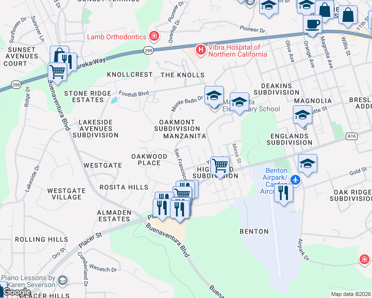 map of restaurants, bars, coffee shops, grocery stores, and more near 3135 Stratford Avenue in Redding