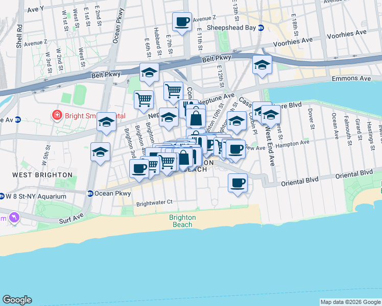 map of restaurants, bars, coffee shops, grocery stores, and more near 3017 Brighton 8th Street in Brooklyn