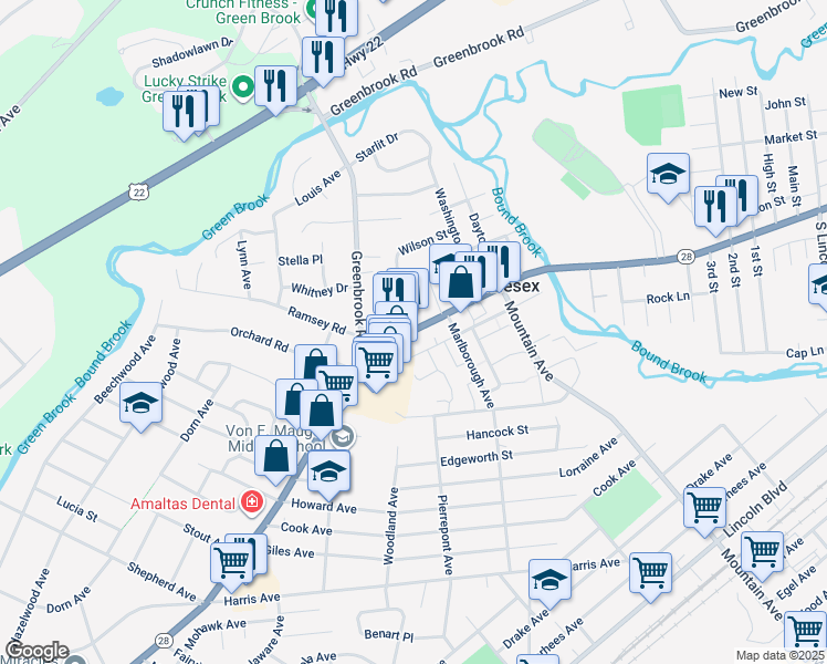 map of restaurants, bars, coffee shops, grocery stores, and more near 3 Locust Avenue in Middlesex