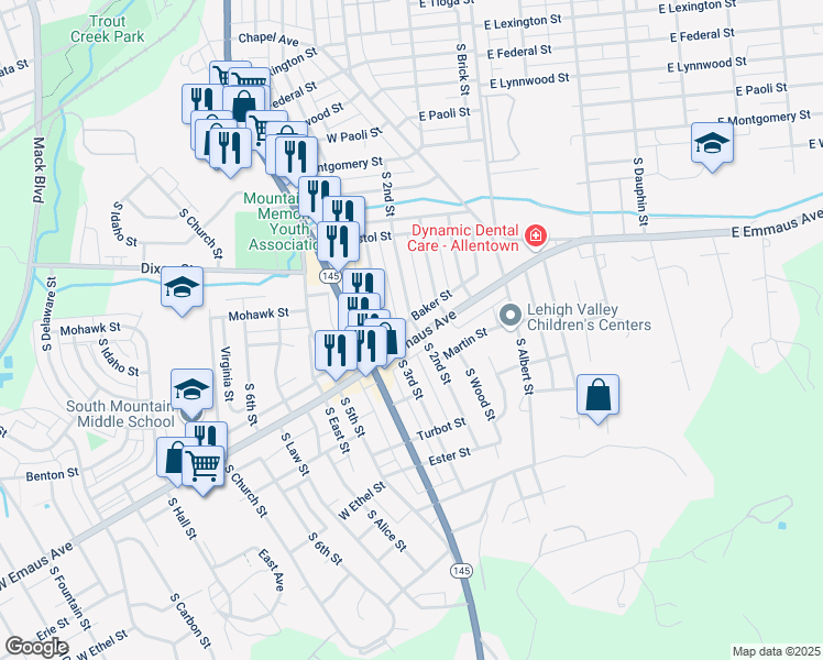map of restaurants, bars, coffee shops, grocery stores, and more near 1928 South 2nd Street in Allentown