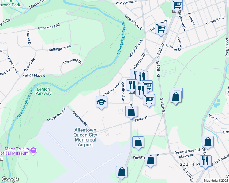 map of restaurants, bars, coffee shops, grocery stores, and more near 1525 Liberator Avenue in Allentown