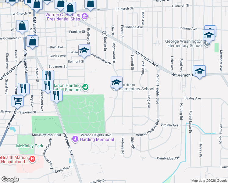 map of restaurants, bars, coffee shops, grocery stores, and more near 625 Brightwood Drive in Marion