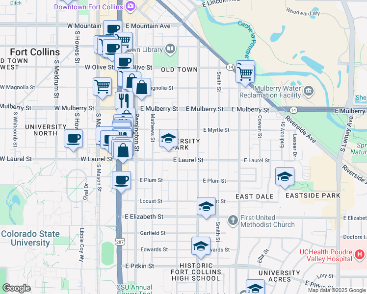 map of restaurants, bars, coffee shops, grocery stores, and more near in Fort Collins