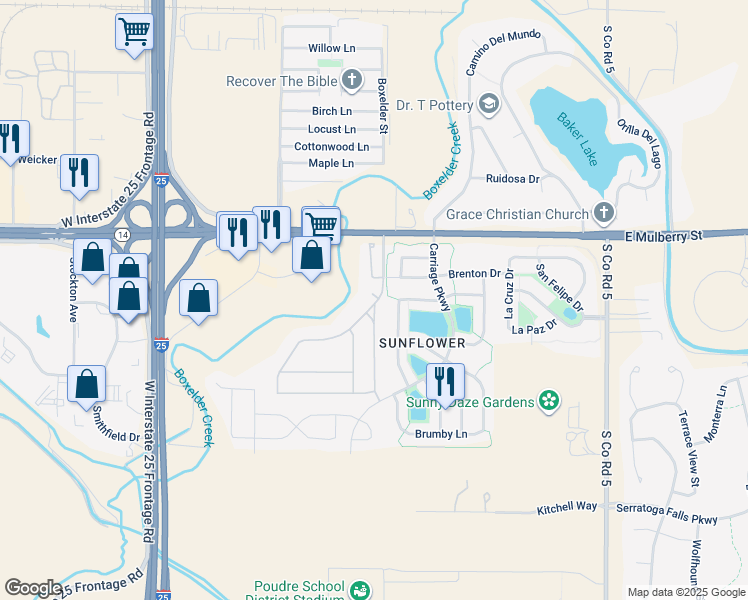map of restaurants, bars, coffee shops, grocery stores, and more near 4550 Joydance Court in Fort Collins