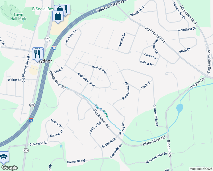 map of restaurants, bars, coffee shops, grocery stores, and more near 1529 Willowbrook Drive in Bethlehem