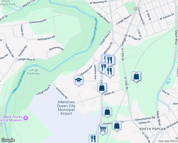 map of restaurants, bars, coffee shops, grocery stores, and more near 1525 Liberator Avenue in Allentown