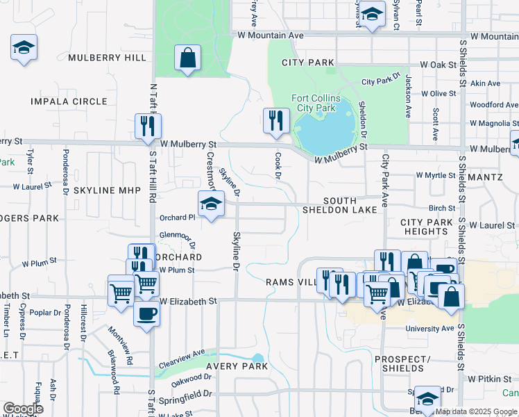 map of restaurants, bars, coffee shops, grocery stores, and more near 1825 Crestmore Place in Fort Collins