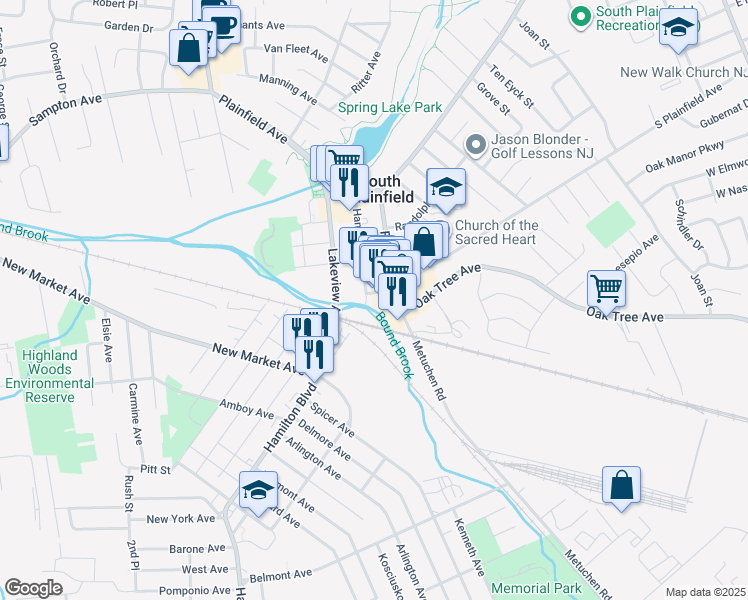 map of restaurants, bars, coffee shops, grocery stores, and more near in South Plainfield