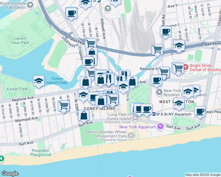 map of restaurants, bars, coffee shops, grocery stores, and more near 1402 Neptune Avenue in Brooklyn