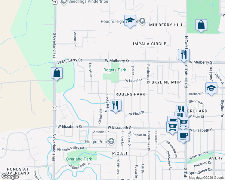 map of restaurants, bars, coffee shops, grocery stores, and more near 700 Rocky Road in Fort Collins