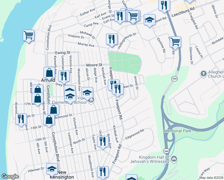 map of restaurants, bars, coffee shops, grocery stores, and more near 803 Rankin Street in New Kensington