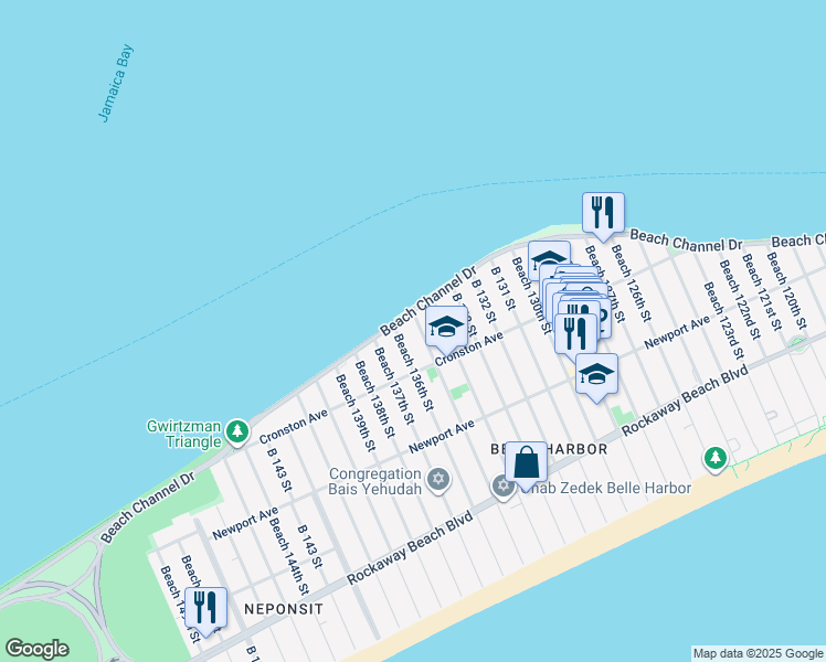 map of restaurants, bars, coffee shops, grocery stores, and more near 134-11 Beach Channel Drive in Queens