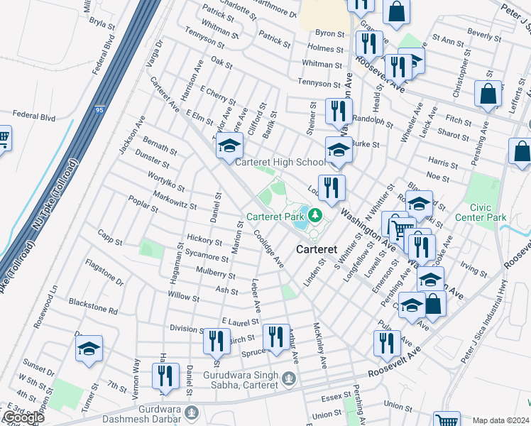 map of restaurants, bars, coffee shops, grocery stores, and more near 1 Pierce Street in Carteret
