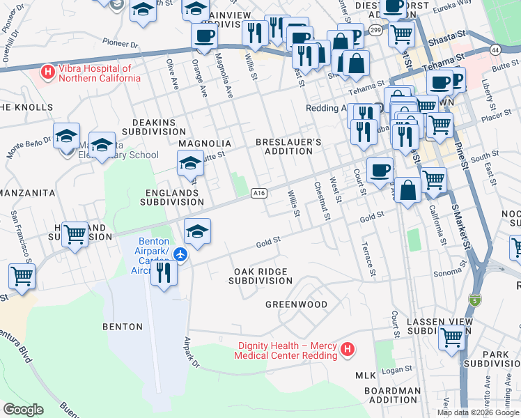map of restaurants, bars, coffee shops, grocery stores, and more near 1742 Magnolia Avenue in Redding