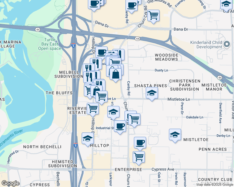 map of restaurants, bars, coffee shops, grocery stores, and more near 1900 Churn Creek Road in Redding