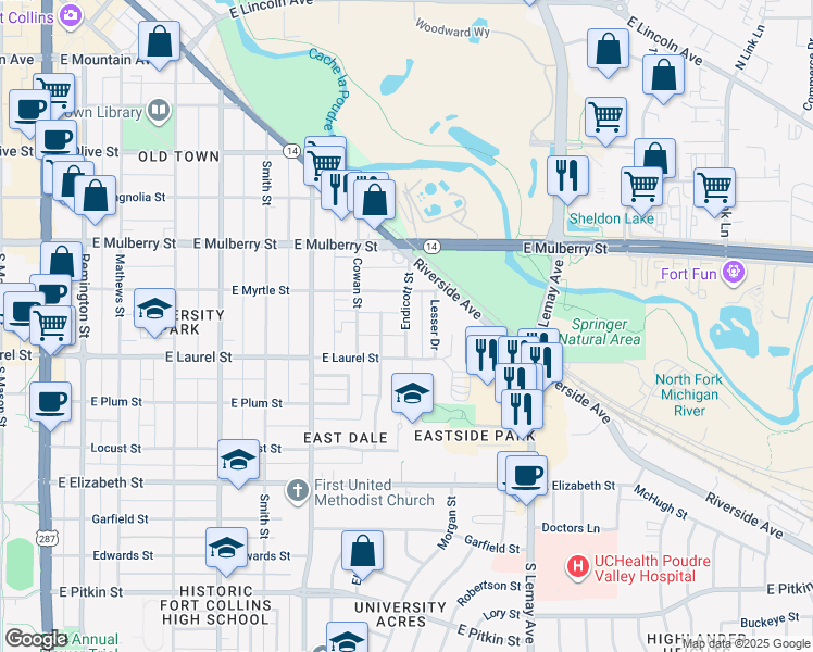 map of restaurants, bars, coffee shops, grocery stores, and more near 609 Endicott Street in Fort Collins