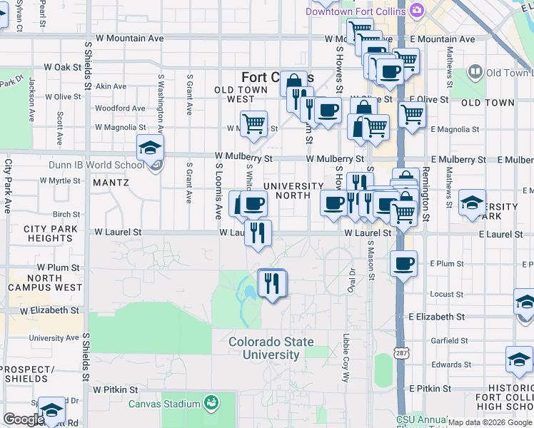 map of restaurants, bars, coffee shops, grocery stores, and more near 608 South Whitcomb Street in Fort Collins