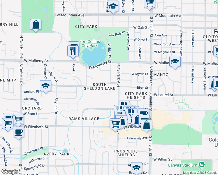 map of restaurants, bars, coffee shops, grocery stores, and more near 611 Sheldon Drive in Fort Collins