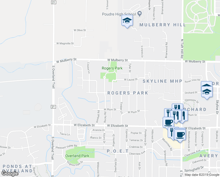 map of restaurants, bars, coffee shops, grocery stores, and more near 700 Rocky Road in Fort Collins