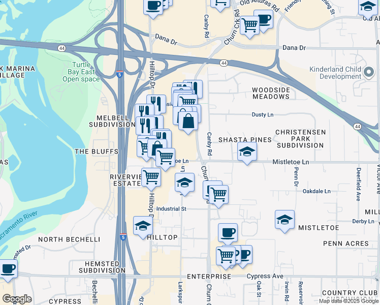 map of restaurants, bars, coffee shops, grocery stores, and more near 1894 Churn Creek Road in Redding