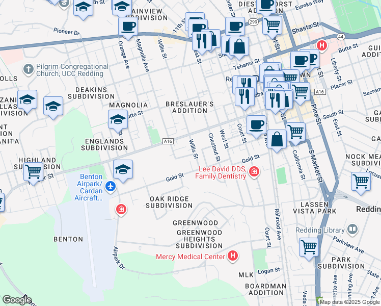 map of restaurants, bars, coffee shops, grocery stores, and more near 1743 Willis Street in Redding